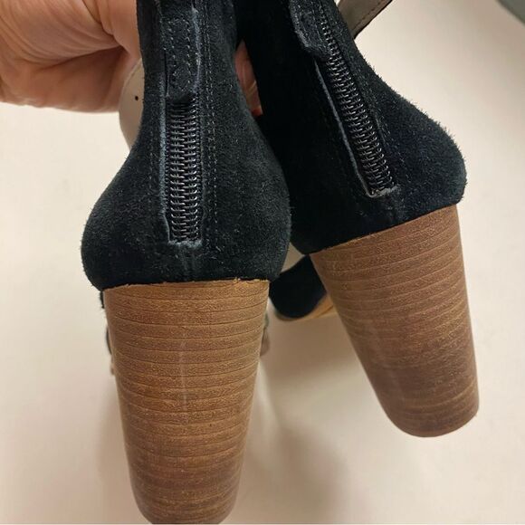 Hinge Cora Block Heel Sandal black leather SUEDE open toe strappy zip up 7.5 - Picture 7 of 10